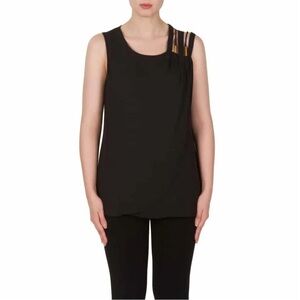 Joseph Ribkoff Black Sleeveless Blouse Gold Bar Pleated Draped Tunic Shell Sz 8